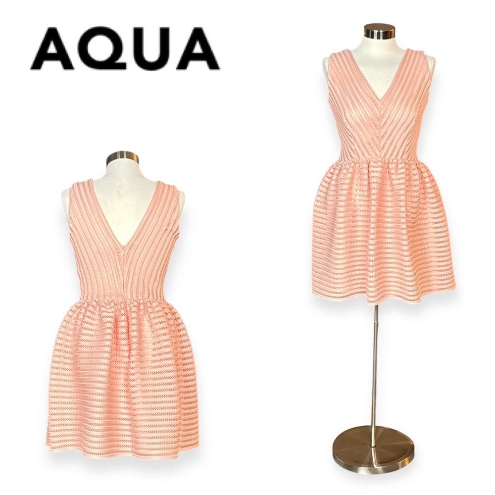 AQUA BY BLOOMINGDALE’S PEACHY PINK TEXTURED OPEN-STITCH FIT & FLARE DRESS